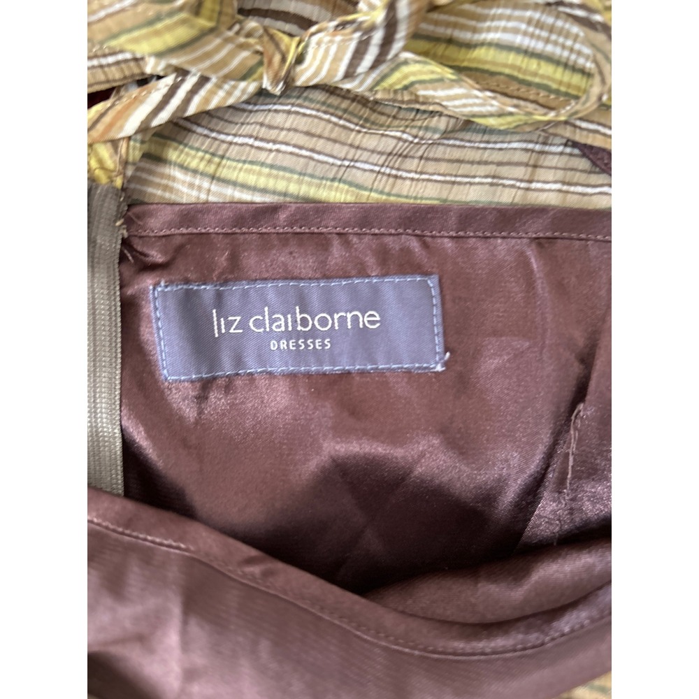 Liz Claiborne Dress Women's Size 10 Olive Green Brown Striped Midi Career Retro - Picture 5 of 8